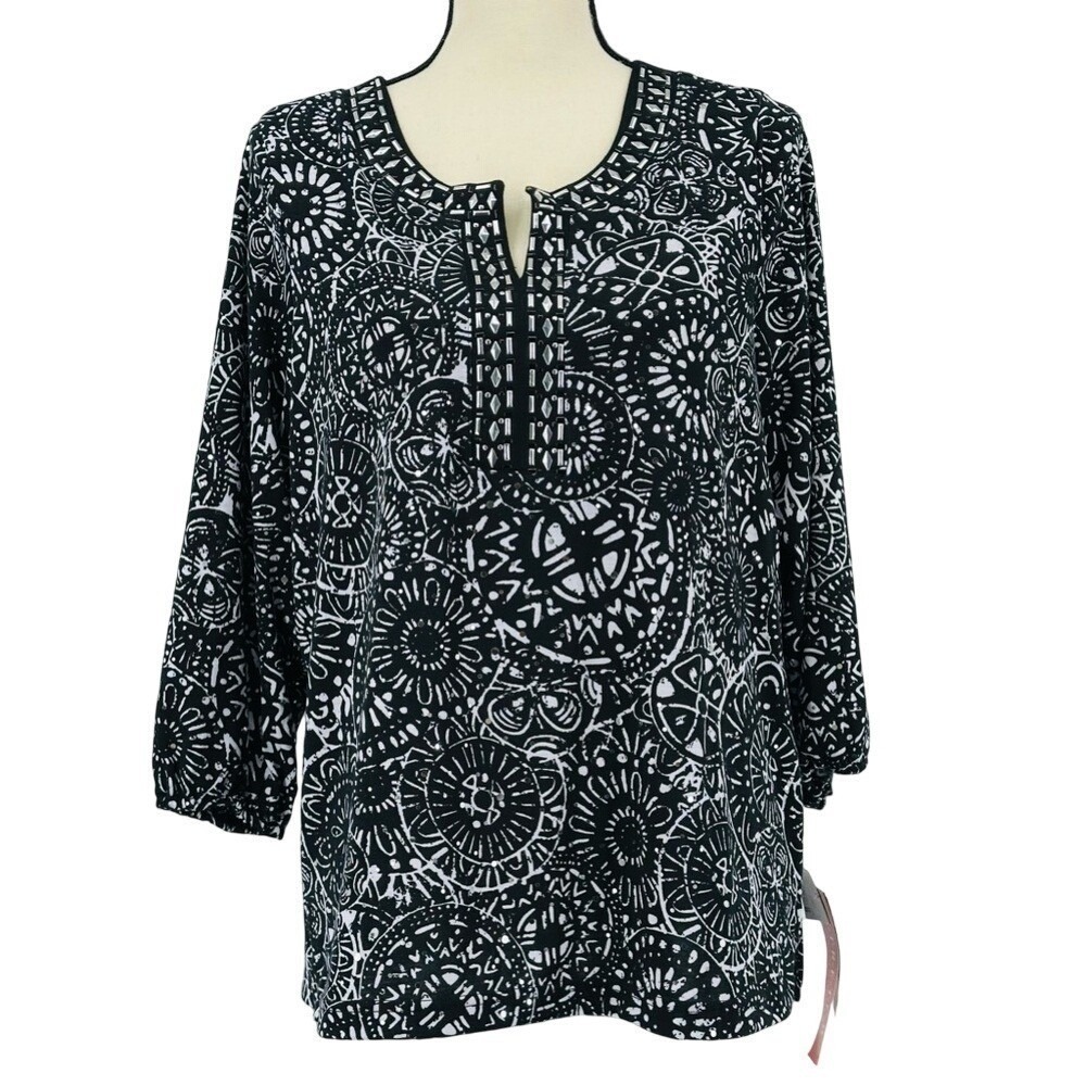 Cathy Daniels V-Neck Tunic Top Black Embellished Long Sleeve Women's Large NWT